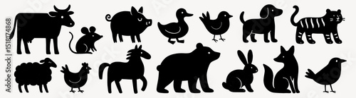 Silhouette of farm animals cow, pig, duck, mouse, and horse, simple black animal silhouettes vector set element, isolated on white.