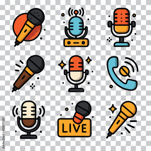 Nine colorful icons of microphones and a telephone, perfect for communication themed designs, music podcasts, voice assistant app graphics, tech presentations.