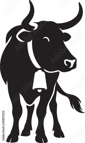 Cow with bell silhouette rural animal, Farm cow black and white line drawing