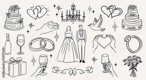 Elegant wedding celebration icons, isolated vector set
