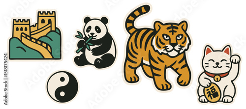 China Culture Vector Stickers – Great Wall, Panda, Tiger, Yin Yang and Lucky Cat – Transparent Background
