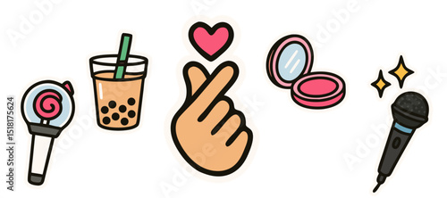 Korean Pop Culture Vector Stickers – K-Pop Lightstick, Bubble Tea, Finger Heart, Makeup and Microphone – Transparent Background
