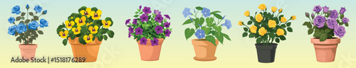 Colorful potted flowers collection, isolated vector set