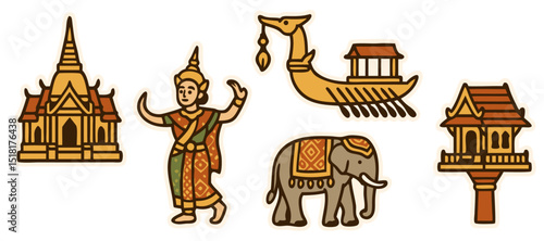 Thailand Culture Vector Stickers – Traditional Temple, Dancer, Royal Barge, Thai House and Elephant – Transparent Background
