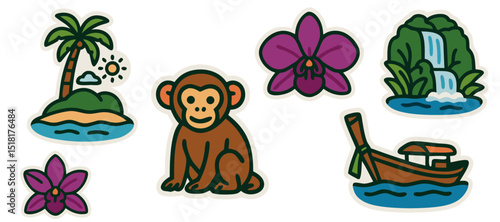 Thailand Nature Vector Stickers – Tropical Island, Monkey, Orchid Flowers, Waterfall and Longtail Boat – Transparent Background
