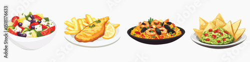 Illustration of food on plates, vector set