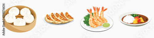 Illustration of food on plates, vector set