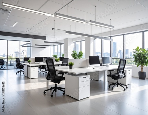 Modern office interior with minimalist design, clean workspace, natural lighting, professional environment, corporate setting
