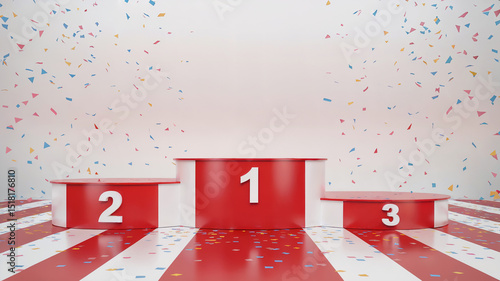 A modern red and white podium with numbers one two and three and colorful confetti