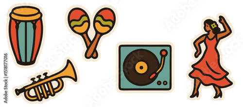Cuban Music Vector Stickers – Conga Drum, Maracas, Trumpet, Vinyl Record and Salsa Dancer – Transparent Background
