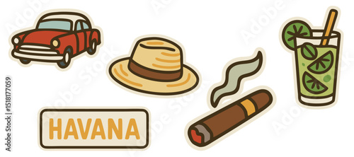 Cuban Icons Vector Stickers – Classic Car, Panama Hat, Cigar, Mojito and Havana Sign – Transparent Background
