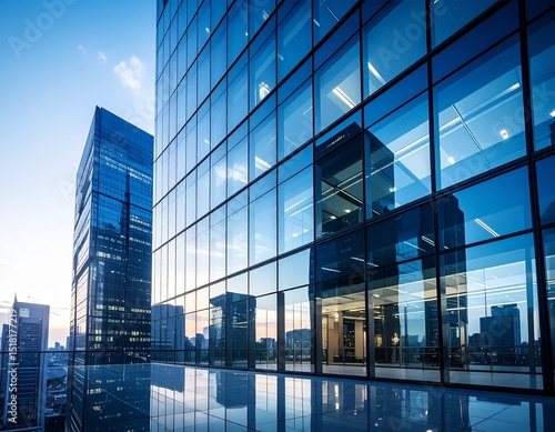 Modern skyscraper building exterior, corporate architecture, glass and steel structure, business district, all architectural details clear