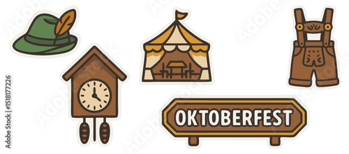 German Festival Vector Stickers – Oktoberfest Tent, Cuckoo Clock, Bavarian Hat, Lederhosen and Sign – Transparent Background
