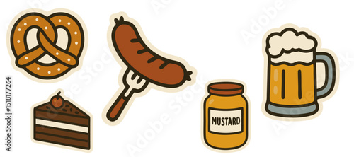 German Food Vector Stickers – Pretzel, Sausage, Mustard, Beer Mug and Black Forest Cake – Transparent Background
