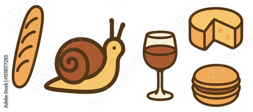 French Food Vector Stickers – Baguette, Snail, Cheese, Wine Glass and Macarons – Transparent Background
