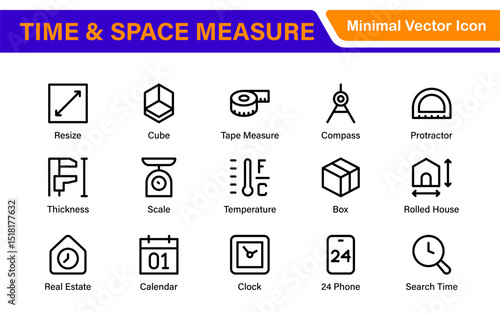 Time and Space Measurement Icons – Clean Outline, Line Art, and Vector Illustrations for Light Years, AU, Astronomy, and Cosmic Distance Projects