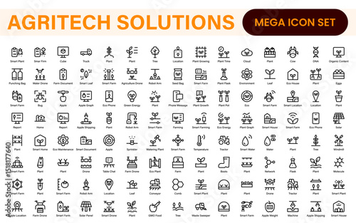 Modern Agritech and Smart Farming Icons – Clean Outline, Line Art, Vector Illustrations for Farm Technology, Automation, and Sustainable Agriculture Projects