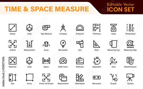 Time and Space Measurement Icons – Clean Outline, Line Art, and Vector Illustrations for Light Years, AU, Astronomy, and Cosmic Distance Projects