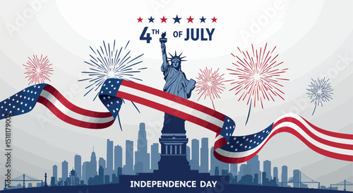 Patriotic independence day celebration on fourth of july with statue of liberty and fireworks