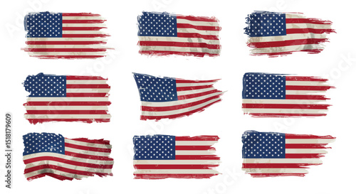 Artistic collection of distressed american flags for patriotic design projects