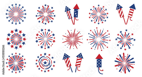 Festive fourth of july red white and blue fireworks and rocket icons for celebrations