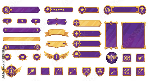 Fantasy game ui elements with purple and gold badges and icons for video game design