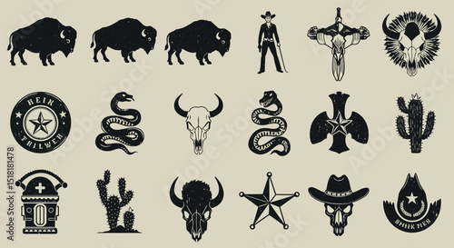Western icons collection featuring buffalo, cowboy, snake, and cactus silhouettes for vintage designs