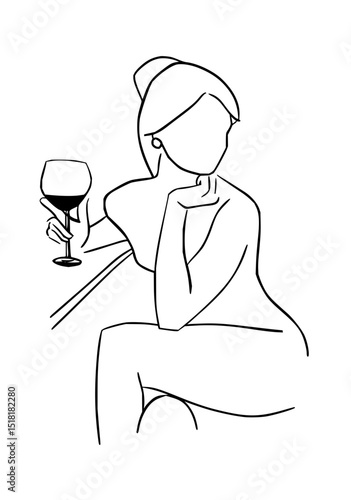 Minimilist line art of a woman seated holding a glass of wine with her hand to her face in a relaxed pose vector