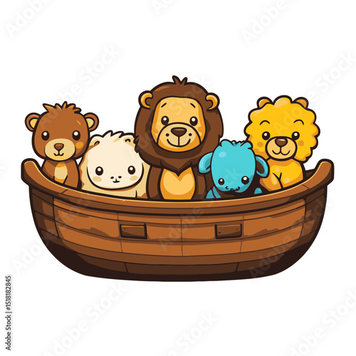 Noahs Ark cartoon icon featuring cute animals on a wooden boat in a playful style