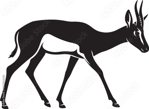 Springbok antelope running silhouette art, Antelope in motion black white drawing