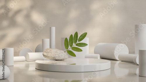 Minimalist 3d rendered composition showcasing nature with organic elements and abstract geometric shapes
