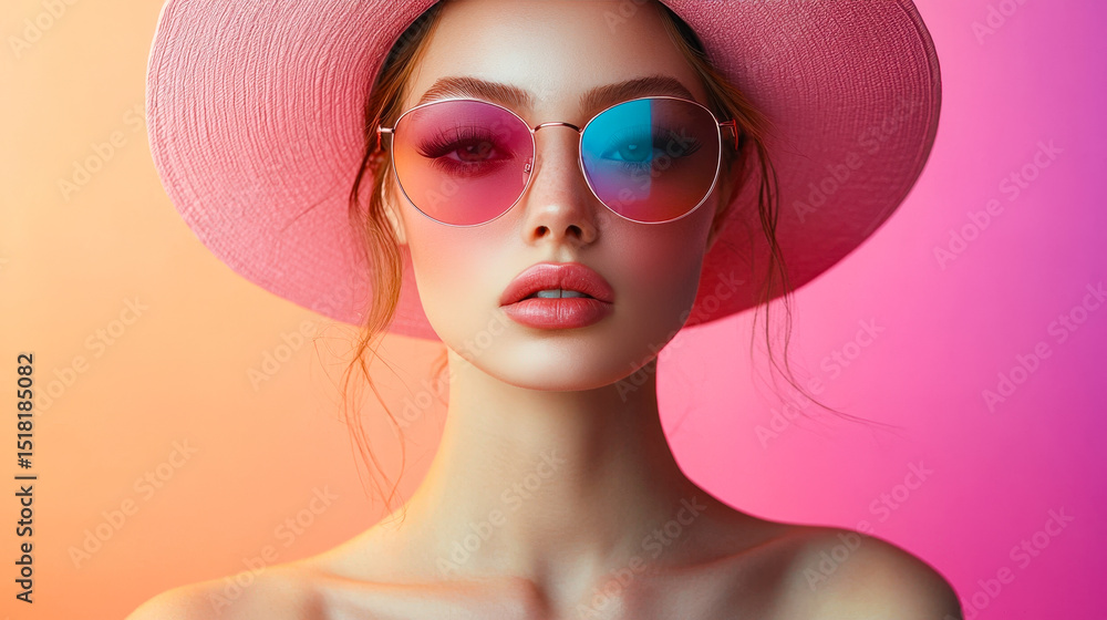 Fototapeta premium A confident young woman showcases her fashion sense wearing pink sunglasses and a wide-brimmed hat while posing against a pastel backdrop