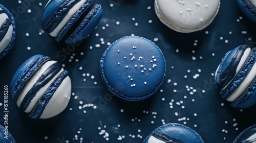 Blue macarons on dark surface