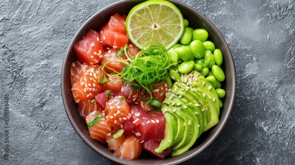 Delicious Hawaiian Poke Bowl with Salmon, Tuna, Avocado, Edamame, and Lime Delicious Hawaiian Poke Bowl with Salmon, Tuna, Avocado, Edamame, and Lime
