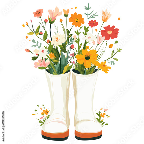 A pair of white rain boots with flowers inside art illustration springtime vector
