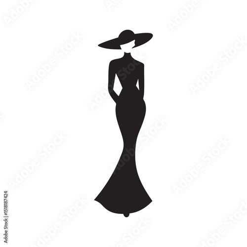 Elegant black silhouette of a fashion model in a flowing dress