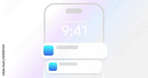 Mobile push notification animation. Minimal iphone messenger alert. Live message center. Social Media income notific pop-up. White background. ios communication window. Chat text box bubble 4K