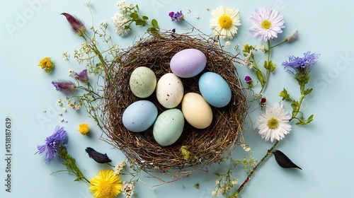 Easter eggs nestled among spring flowers, symbolizing renewal and vibrant beginnings.