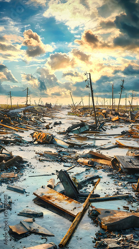 Post-Disaster Landscape At Sunset