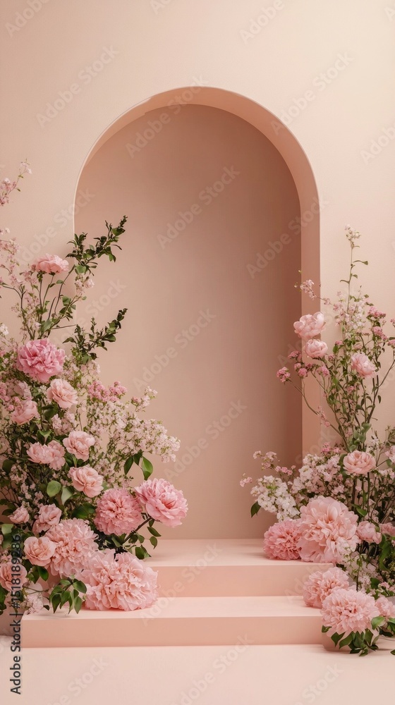 Fototapeta premium Soft pink flowers and delicate greenery frame an archway, creating a tranquil setting perfect for celebrations or gatherings. The minimalistic design adds elegance to the ambiance