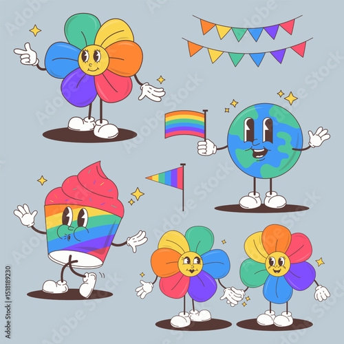 Vector illustration. Rainbow planet, smiling cupcake, cheerful flowers, and waving flag characters stand together under sparkly stars and bunting in colorful cartoon style. Concept of human rights