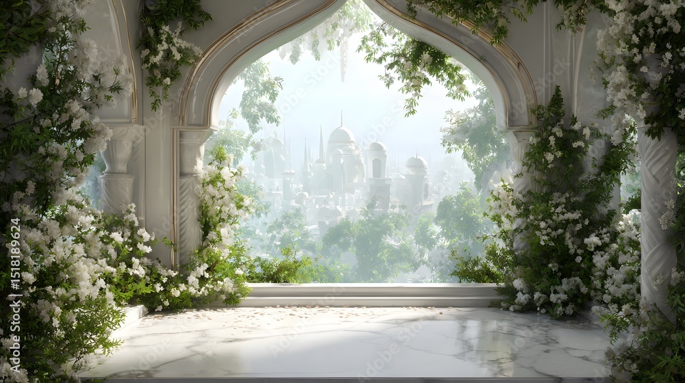 A white marble platform with an arched window overlo A white marble platform with an arched window overlo