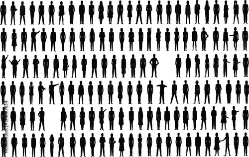 A large group of silhouetted people standing in rows against a white background in a pattern