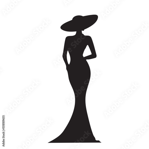Elegant silhouette of a woman in stylish dress and hat