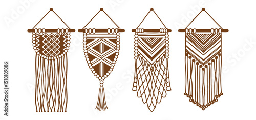 Vector illustration featuring four detailed brown macrame wall hangings with unique geometric patterns and fringe elements for decorative purposes.