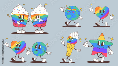 Vector illustration. Cupcakes with rainbow frosting, happy star, planet, heart and ice cream characters stand in playful formation with vibrant colors and smiling faces. Concept of LGBTQ visibility