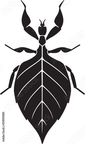 Leaf insect silhouette bold striking shape, Insect camouflage creature line art