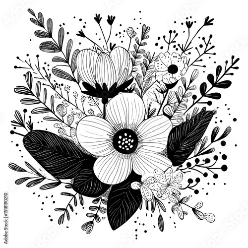 Floral element drawing black white vector