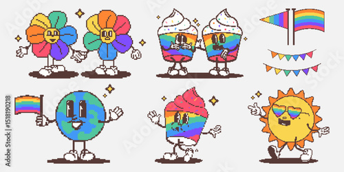 Vector illustration. Pixel sun with glasses, waving cupcakes, heart, rainbow flag and smiling flowers create cheerful group of Pride symbols in nostalgic digital style. Concept of Pride month, love