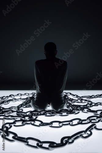 A person is chained to a table with chains surrounding them